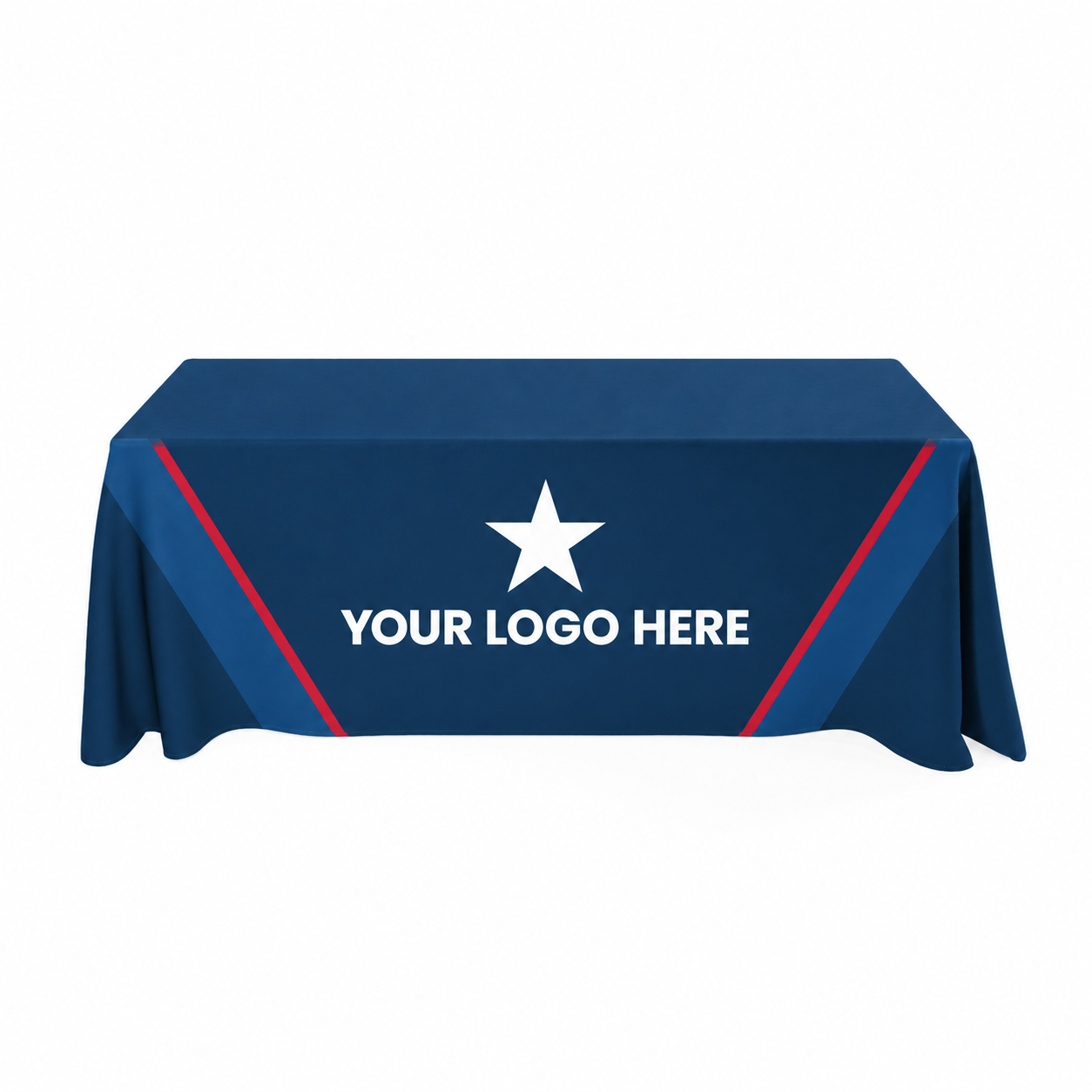 convertible throw table covers in navy and blue with white YOUR LOGO HERE star artwork
