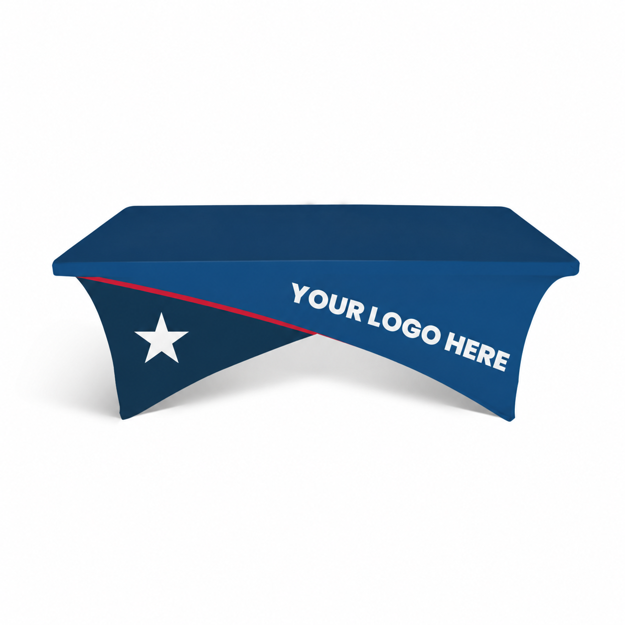 cross-over stretch table covers in navy and blue with white YOUR LOGO HERE star artwork