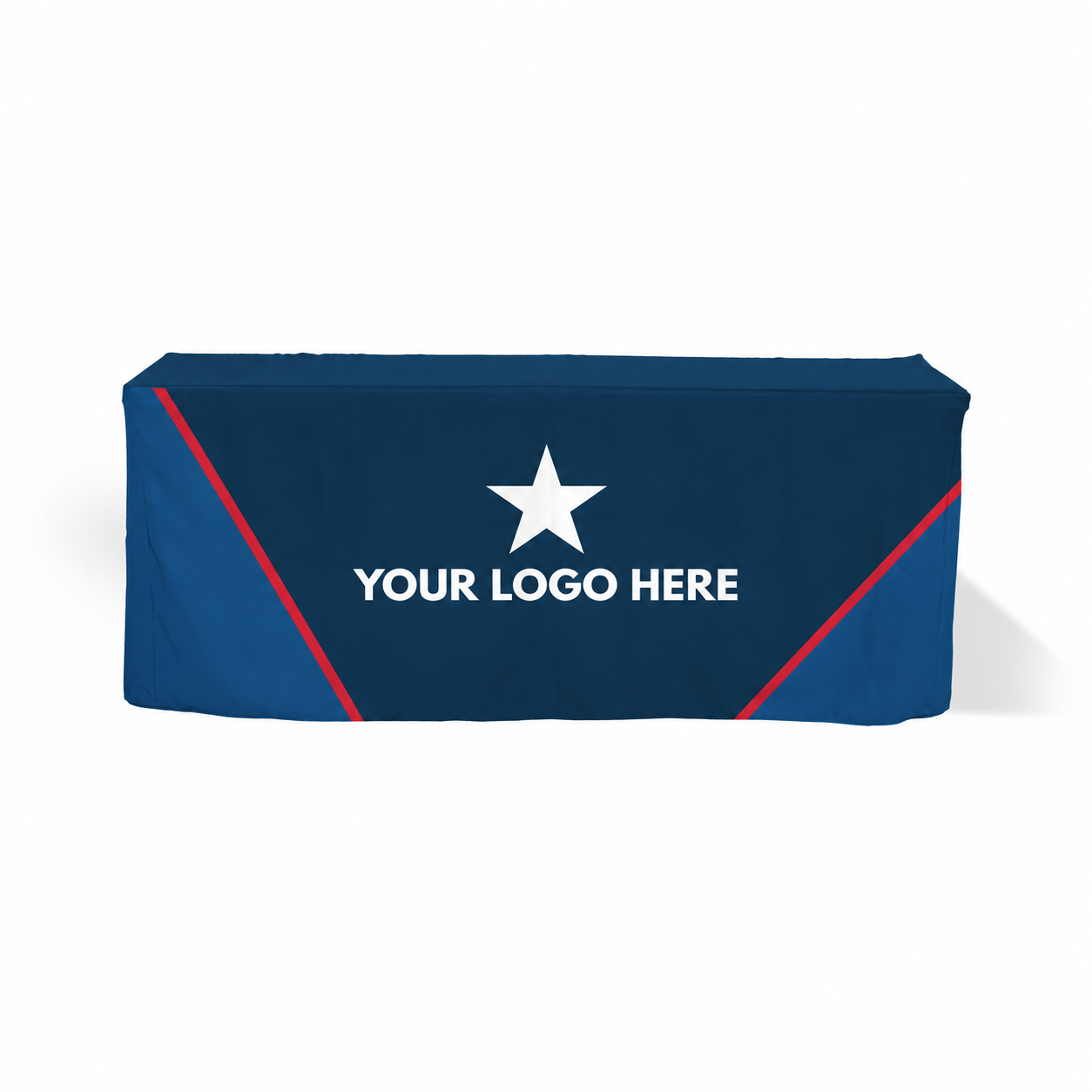 fitted table covers in navy and blue with white YOUR LOGO HERE star artwork