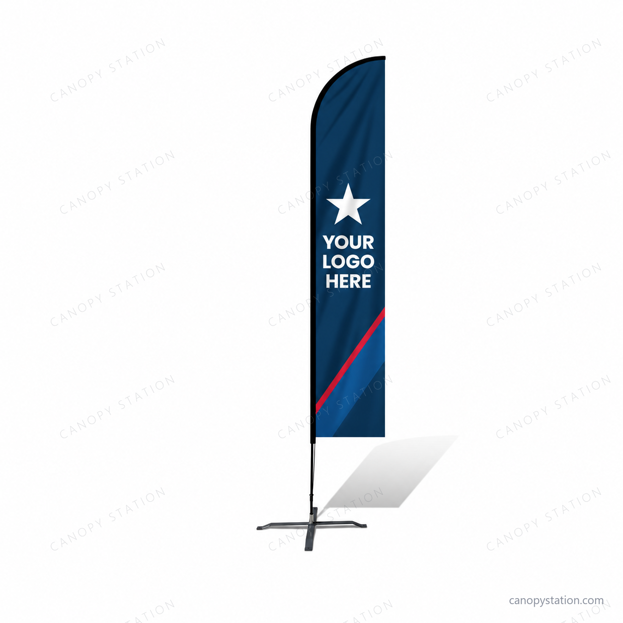 straight feather flags in navy and blue with white YOUR LOGO HERE star artwork