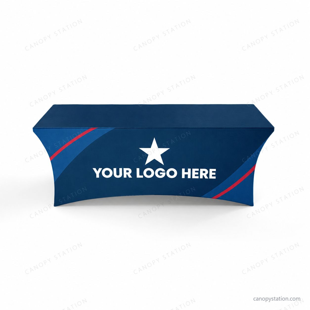 stretch table covers in navy and blue with white YOUR LOGO HERE star artwork