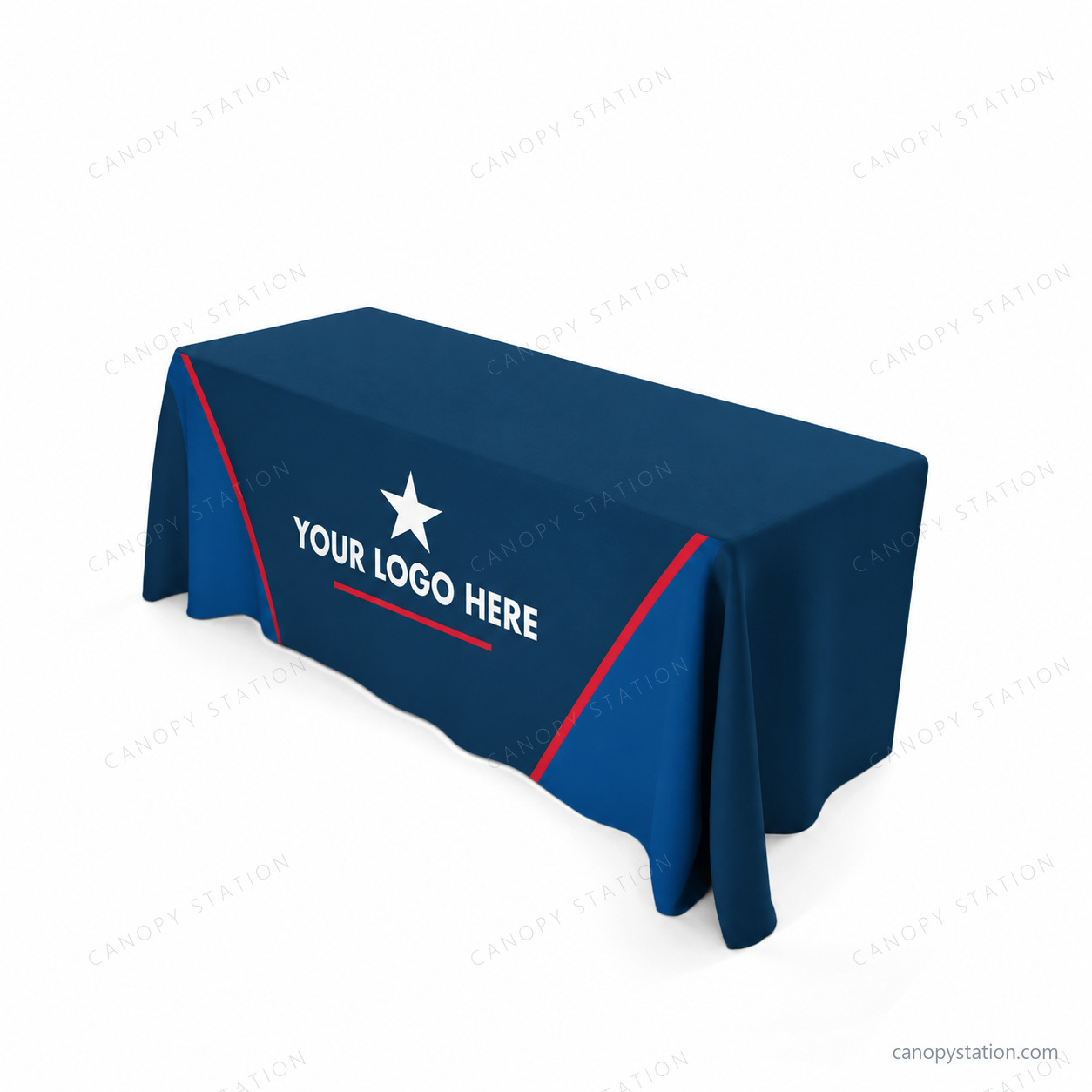 throw table covers in navy and blue with white YOUR LOGO HERE star artwork - angled view